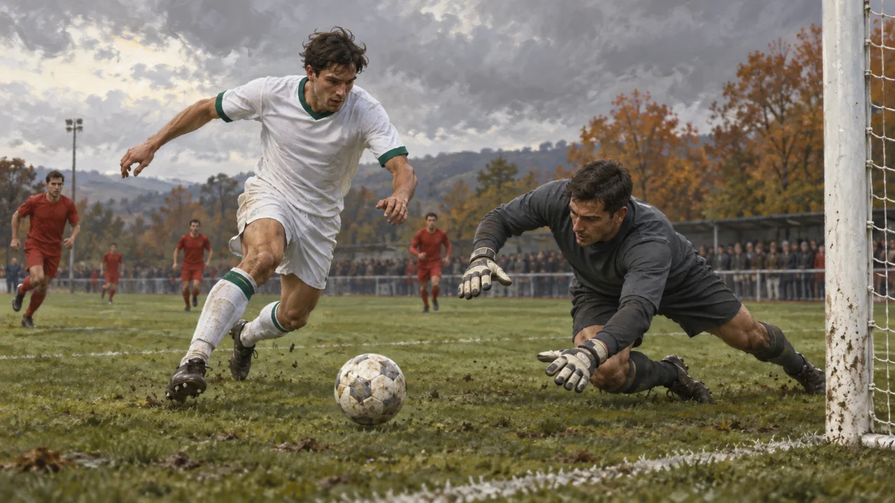 Editorial illustration of an anonymous white-and-green footballer pressing a goalkeeper near a loose ball