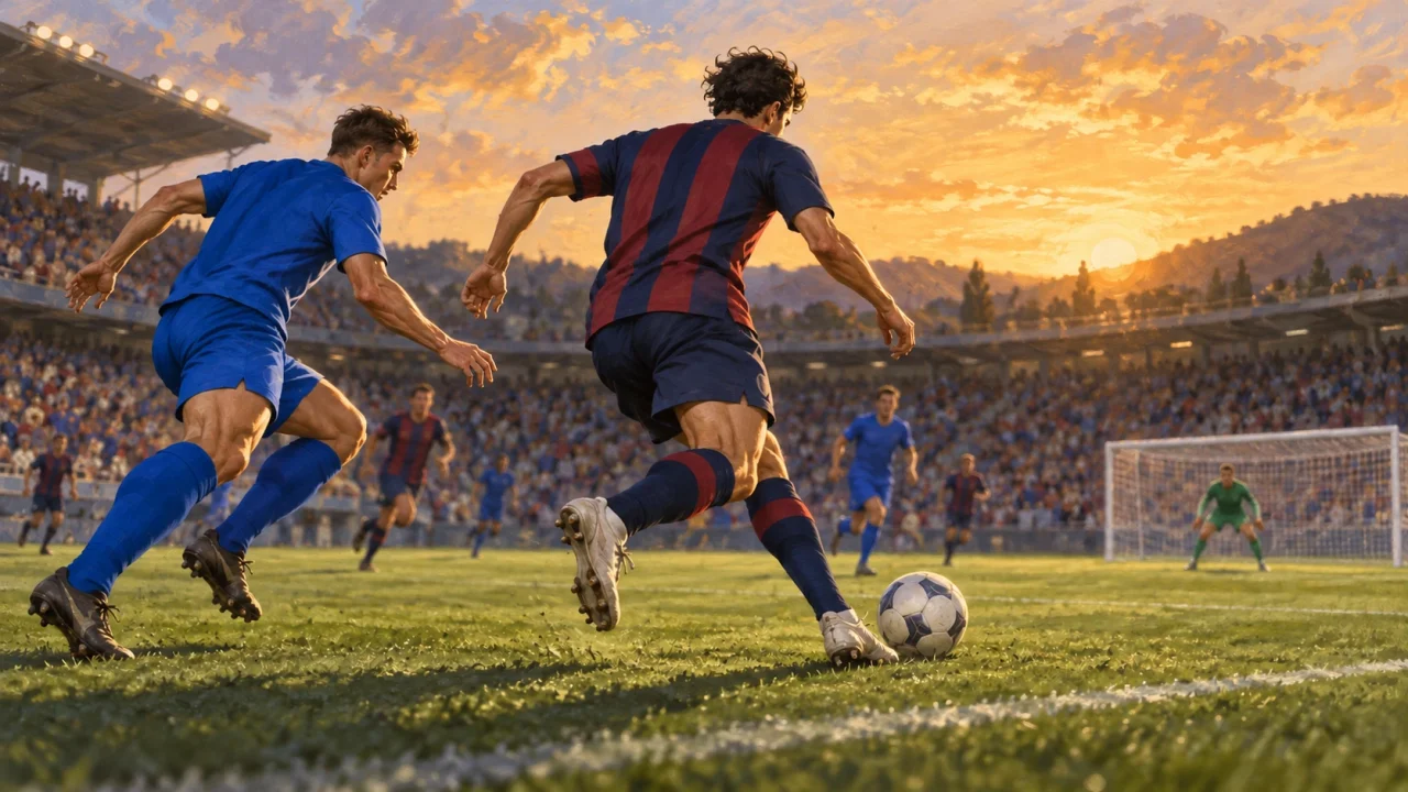 Editorial illustration of an anonymous navy-and-burgundy footballer dribbling past a blue-shirted opponent