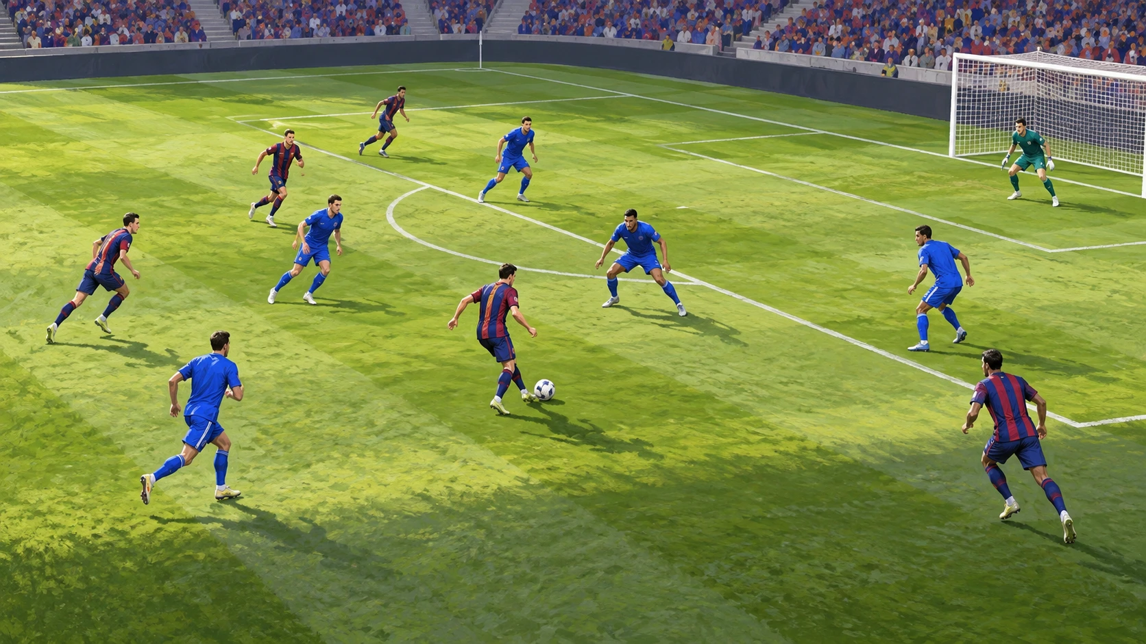 Editorial illustration of anonymous navy-and-burgundy footballers attacking against blue-shirted defenders