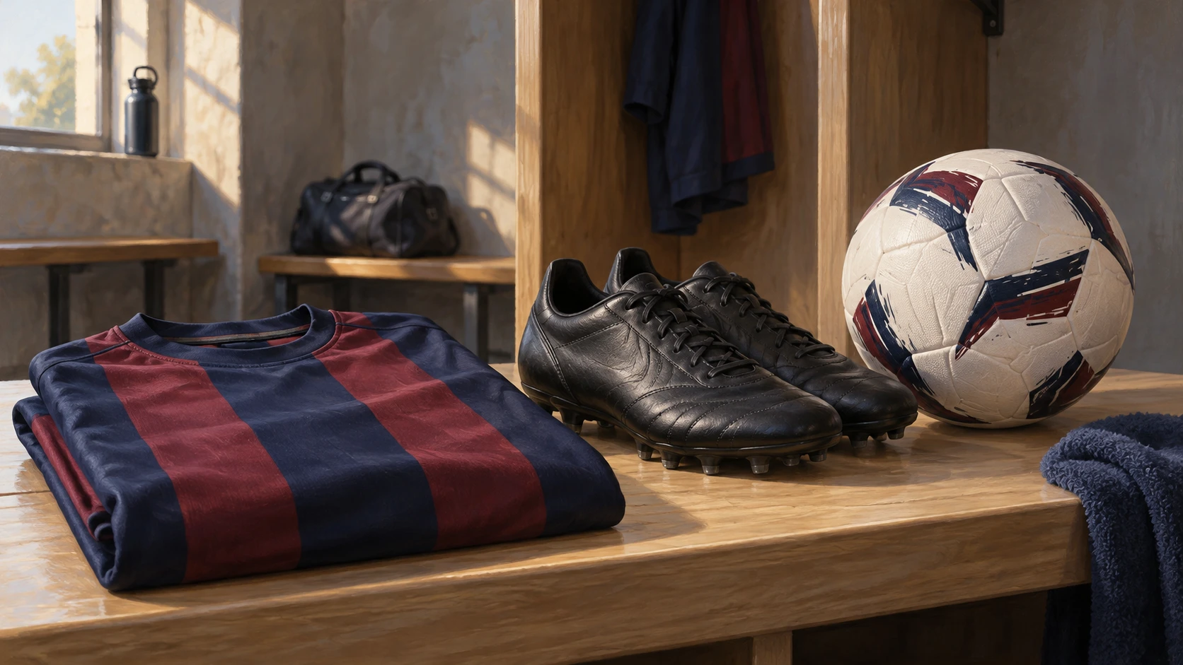 Editorial illustration of a folded navy-and-burgundy jersey, black boots and a football on a shelf