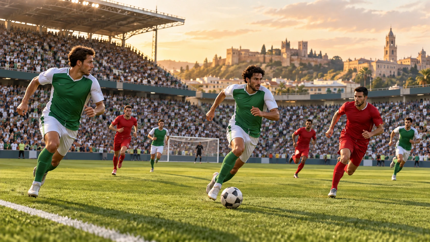 Editorial illustration of anonymous green-and-white footballers attacking against red-shirted opponents