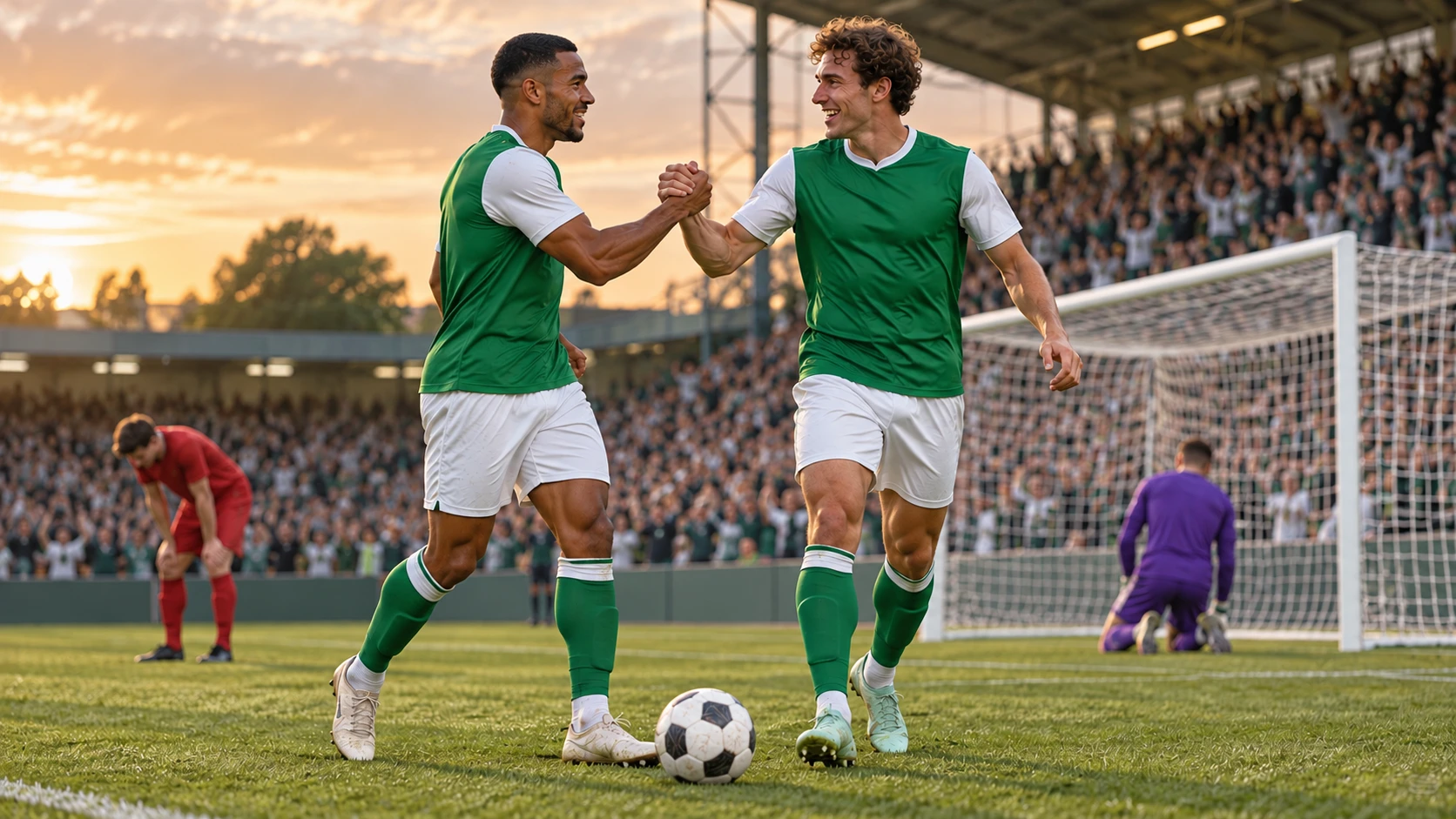 Editorial illustration of two anonymous green-and-white-shirted footballers celebrating on a pitch