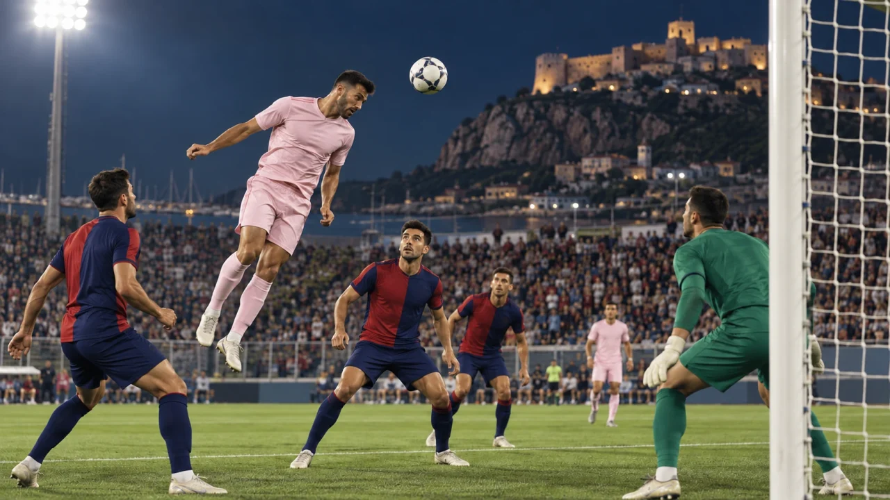 Editorial illustration of an anonymous pink-shirted footballer heading a ball beside navy-and-red defenders