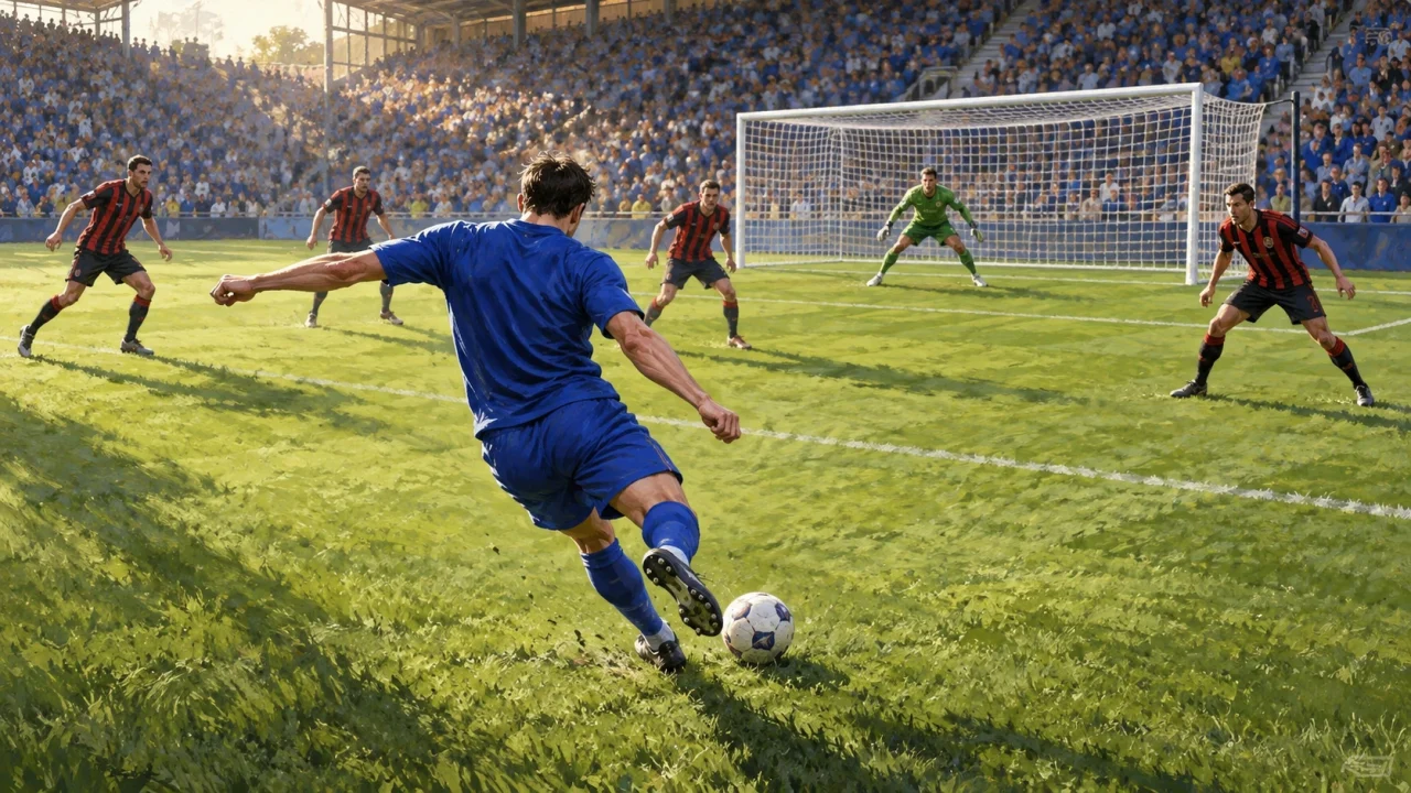Editorial illustration of anonymous blue-shirted and red-and-black footballers near a goal