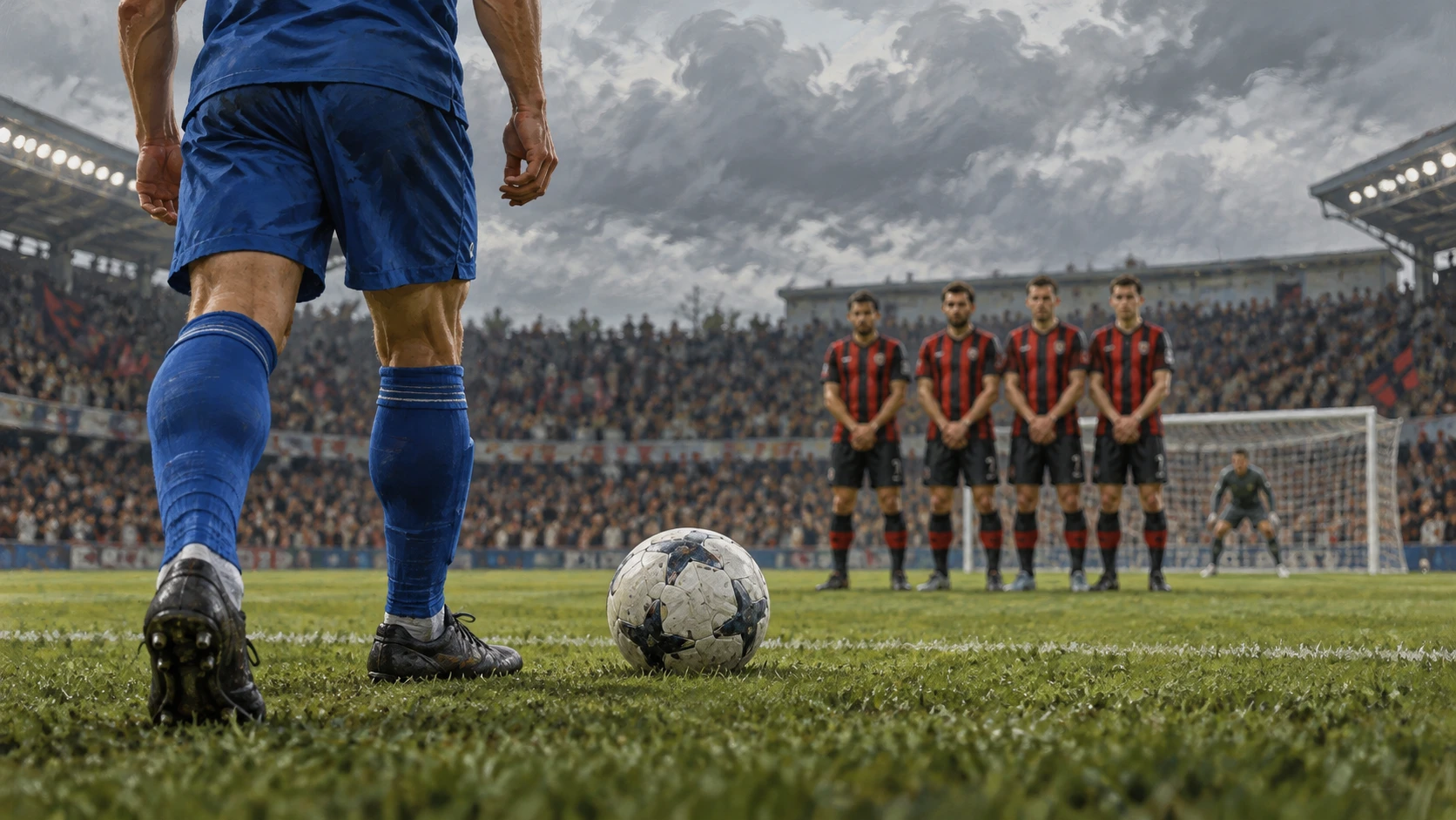 Editorial illustration of a football and boots facing a red-and-black defensive wall