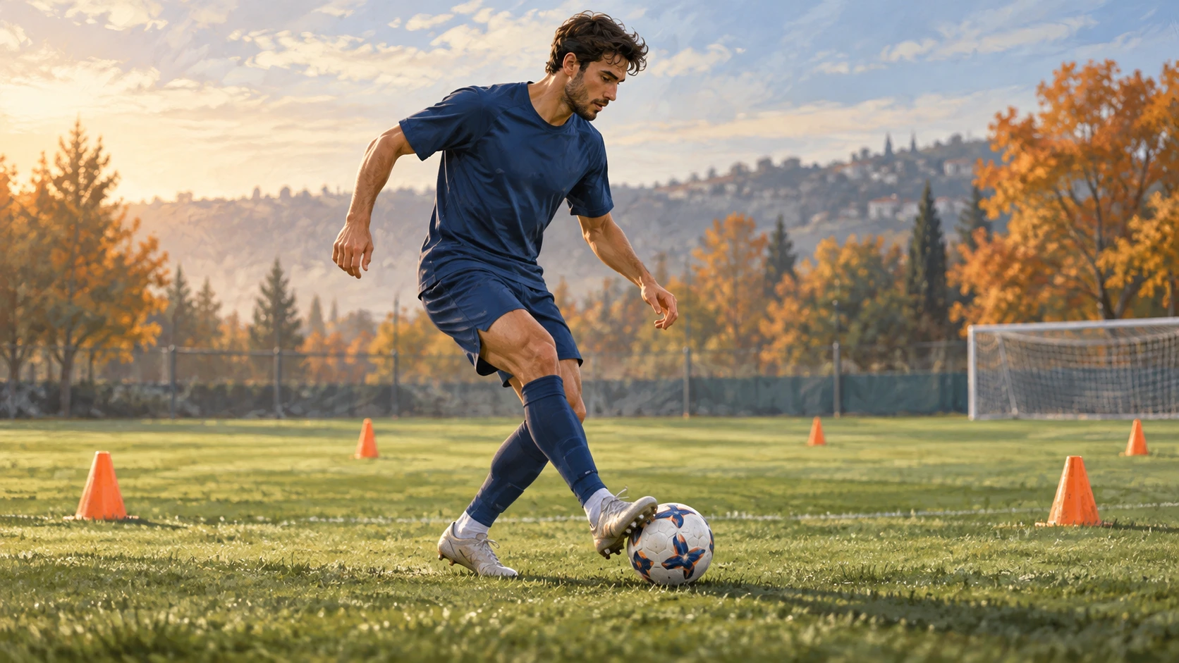 Editorial illustration of an anonymous blue-shirted footballer controlling a ball near training cones