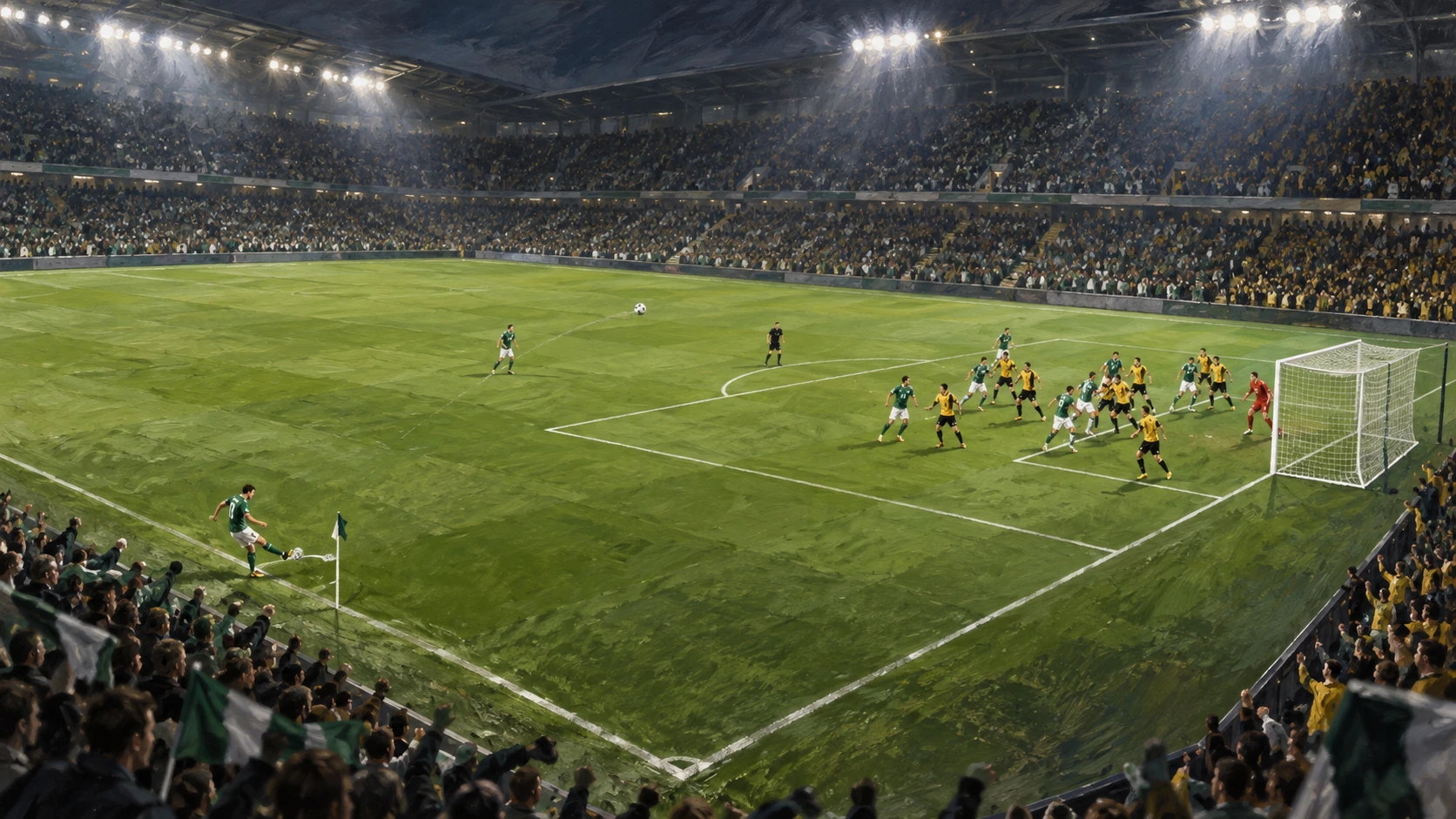 Editorial illustration of anonymous green-and-white and yellow-and-black footballers at a corner kick