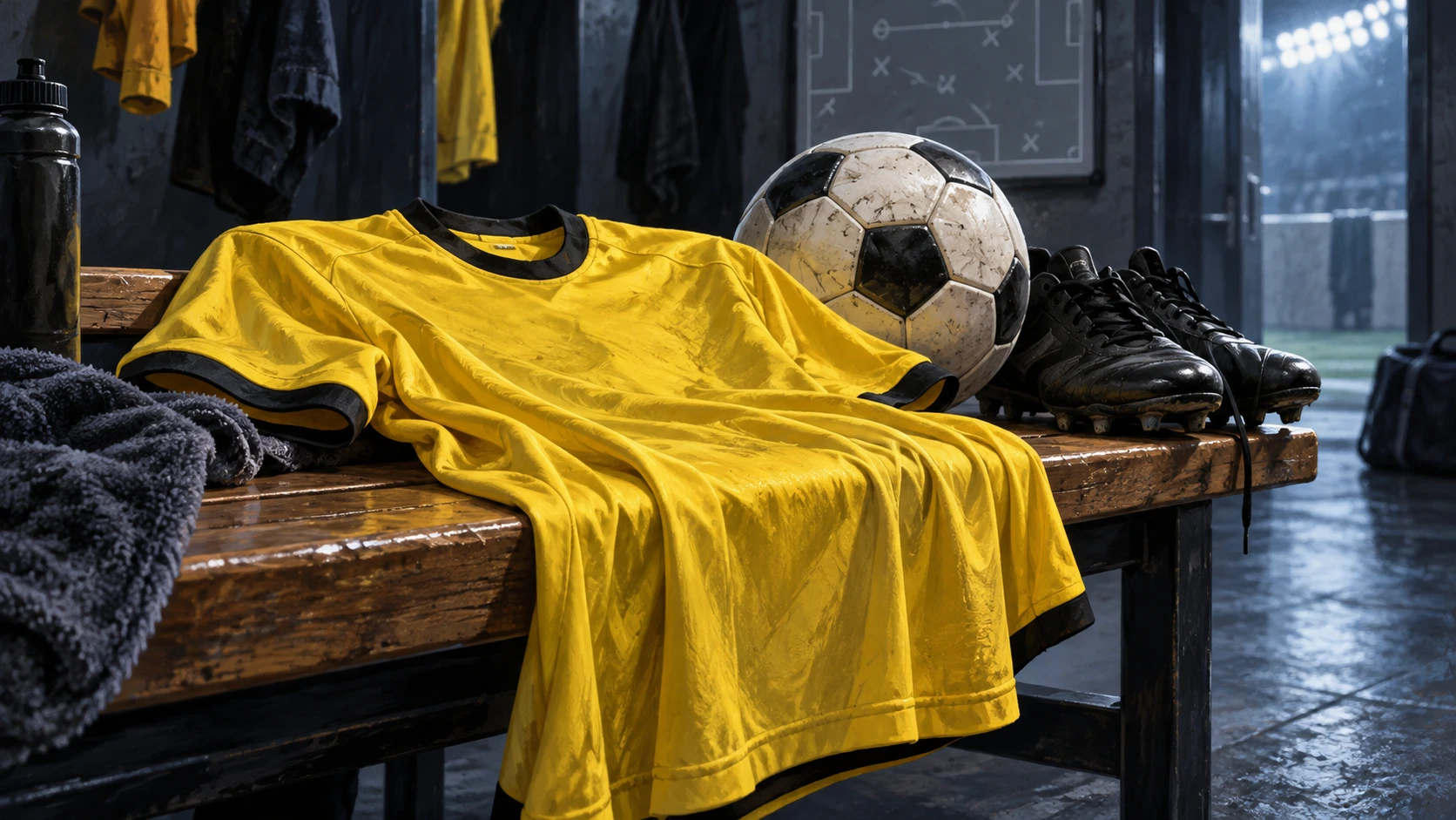 Editorial illustration of a yellow football jersey, boots and a ball on a bench