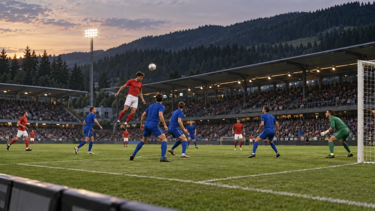 Editorial illustration of an anonymous red-shirted footballer heading a cross amid blue-shirted defenders