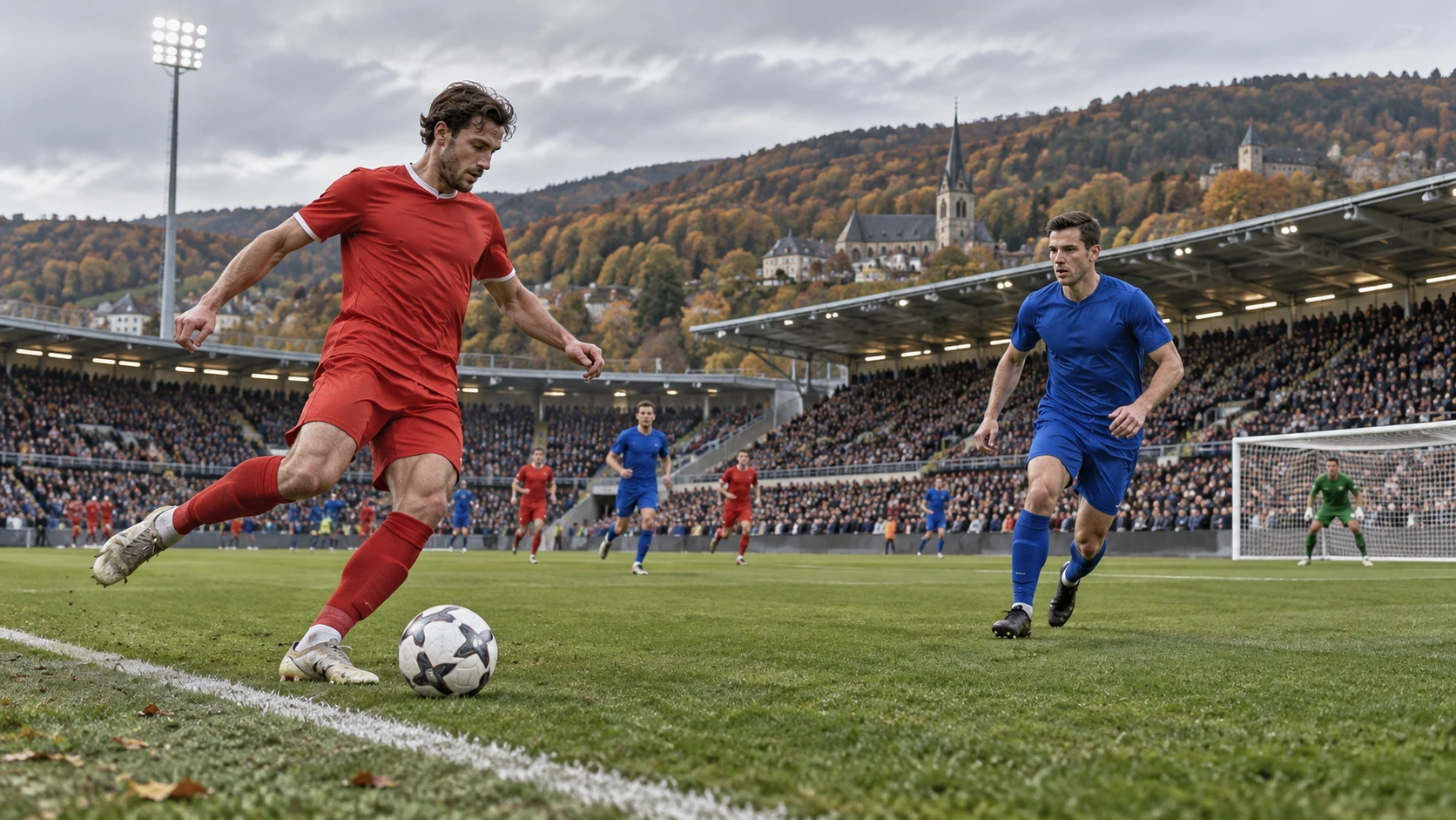 Editorial illustration of an anonymous red-shirted footballer preparing a cross near the touchline