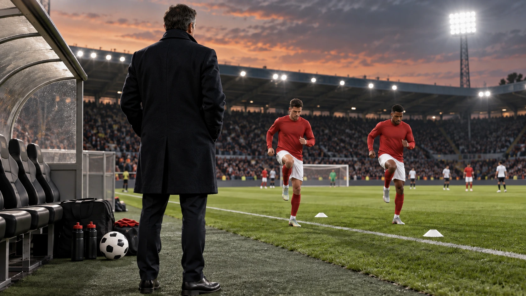 Editorial illustration of a football manager watching anonymous red-shirted substitutes warm up