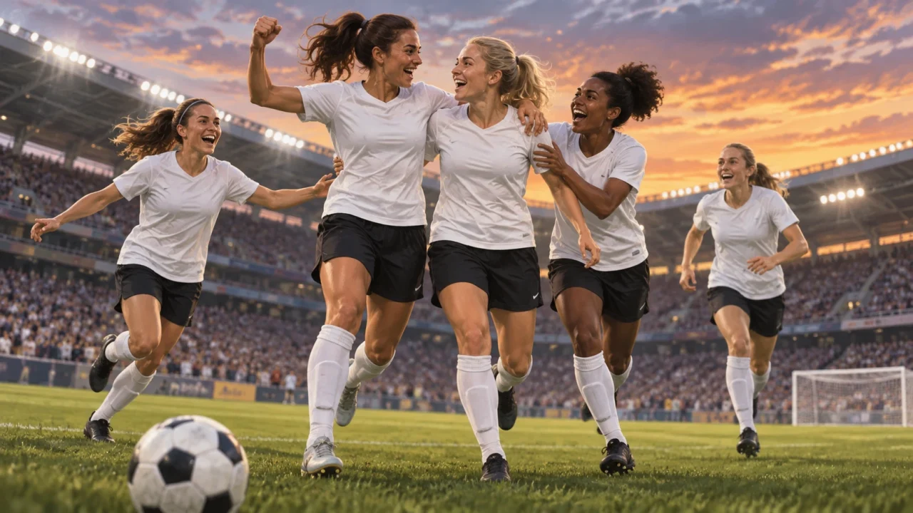 Editorial illustration of anonymous women footballers in white and black celebrating at dusk
