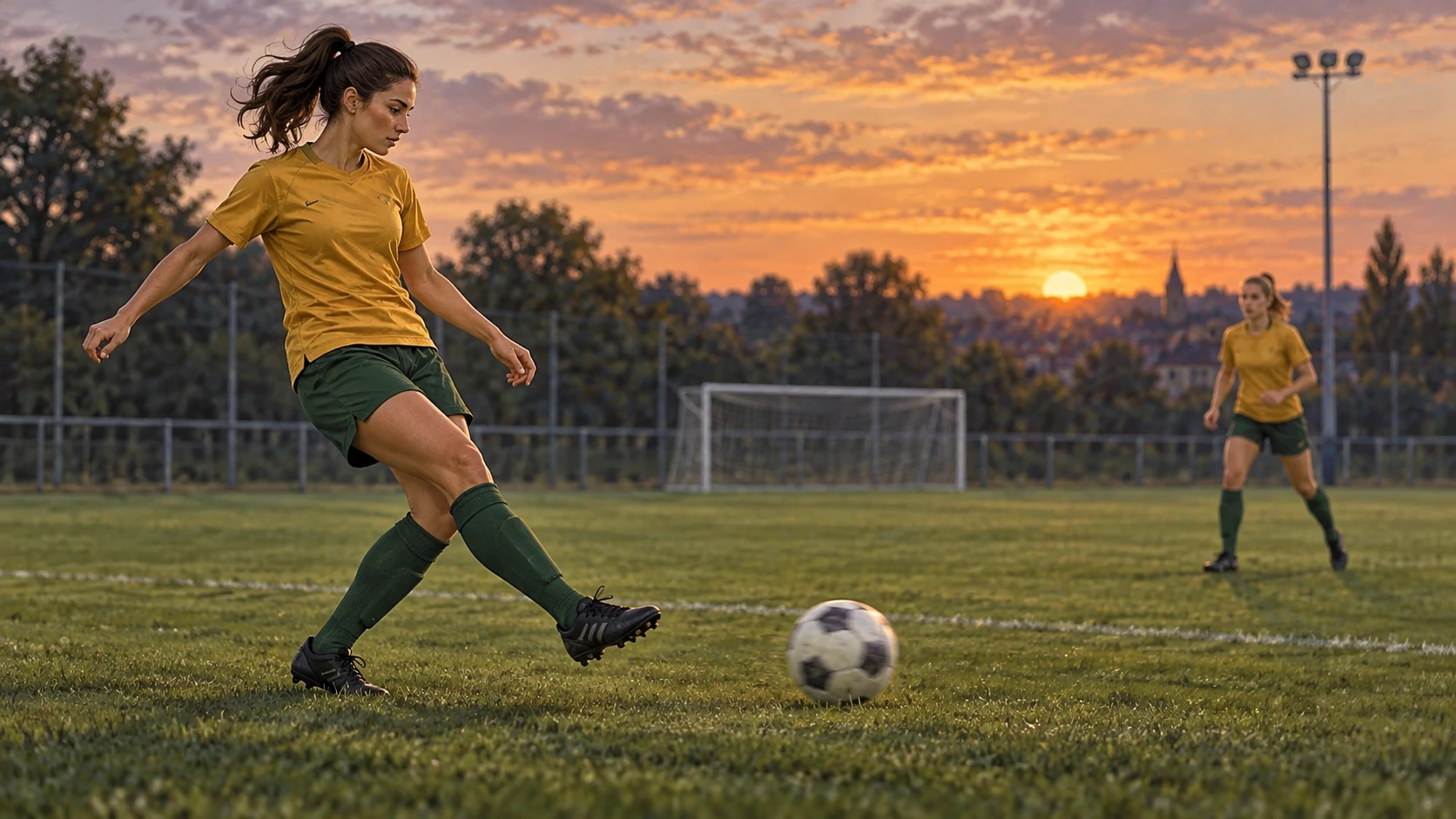 Editorial illustration of an anonymous woman in gold and green passing a ball on a training pitch