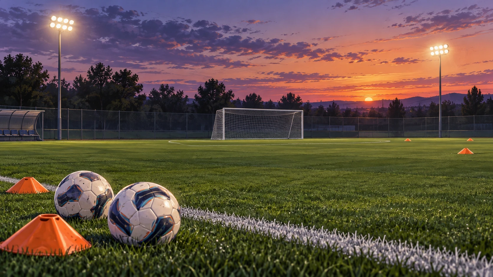 Editorial illustration of footballs and training cones beside an empty pitch at twilight