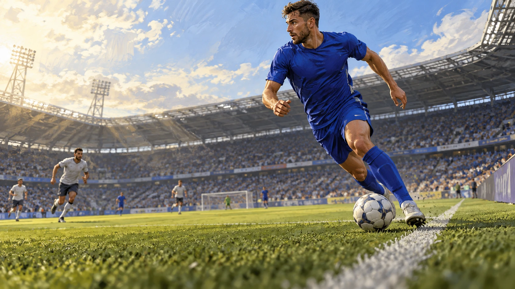 Editorial illustration of an anonymous blue-shirted footballer carrying the ball near the touchline