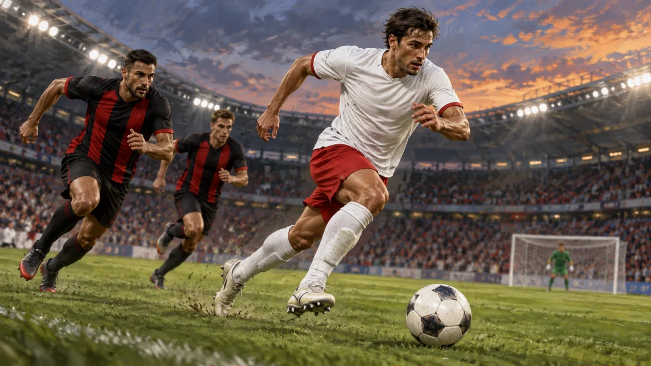 Editorial illustration of an anonymous footballer in white and red running after a ball ahead of defenders