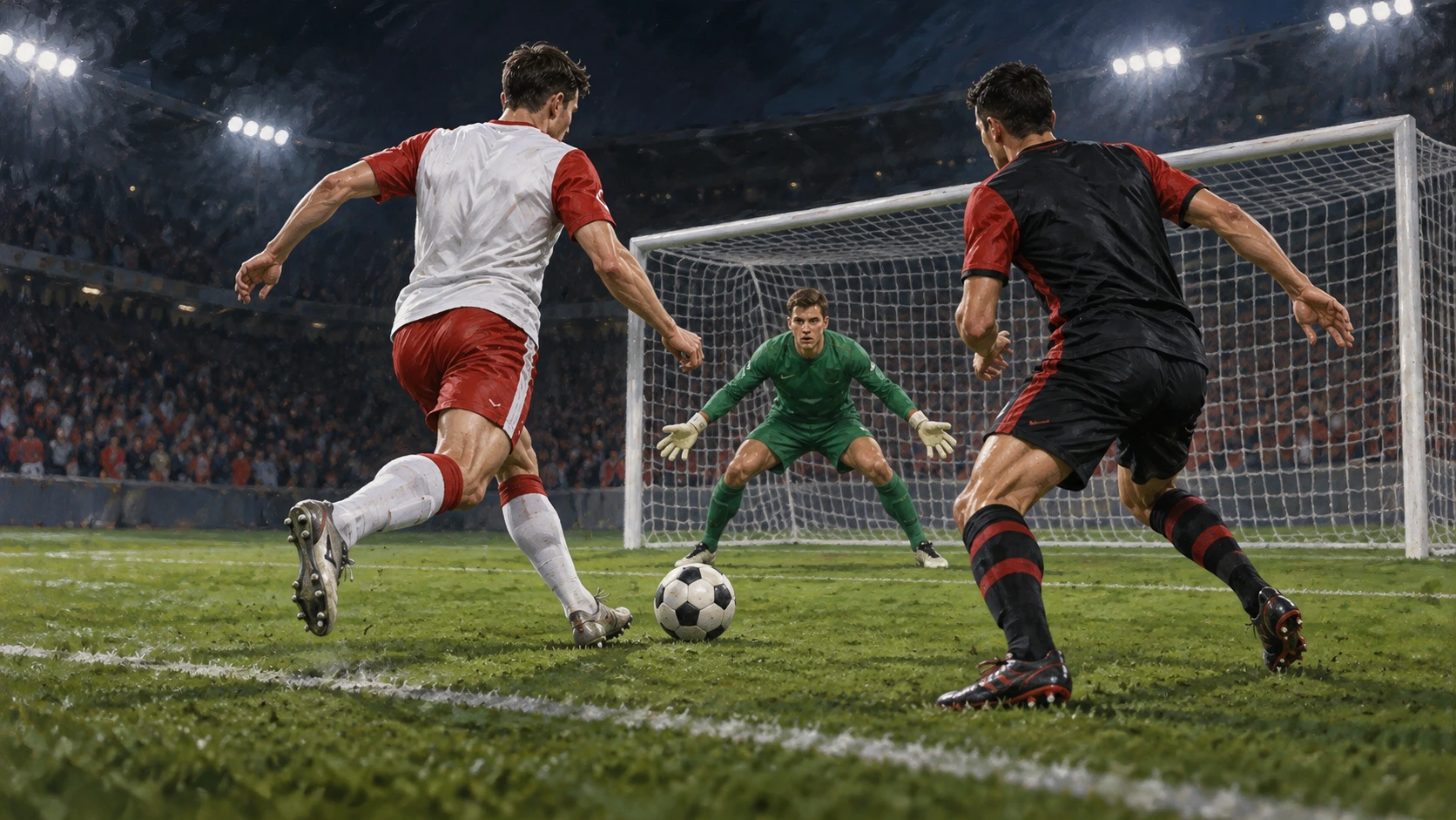Editorial illustration of anonymous white-and-red and black-and-red footballers near a rebounding ball