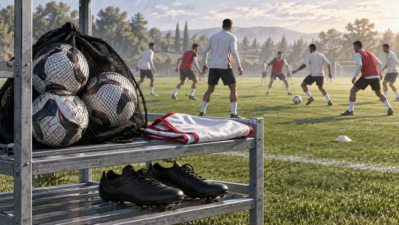 Editorial illustration of footballs in a mesh bag, a white training bib and black boots on an equipment rack