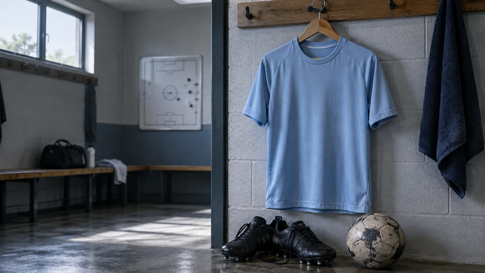 Editorial illustration of a light-blue jersey, black boots and a football in a changing room