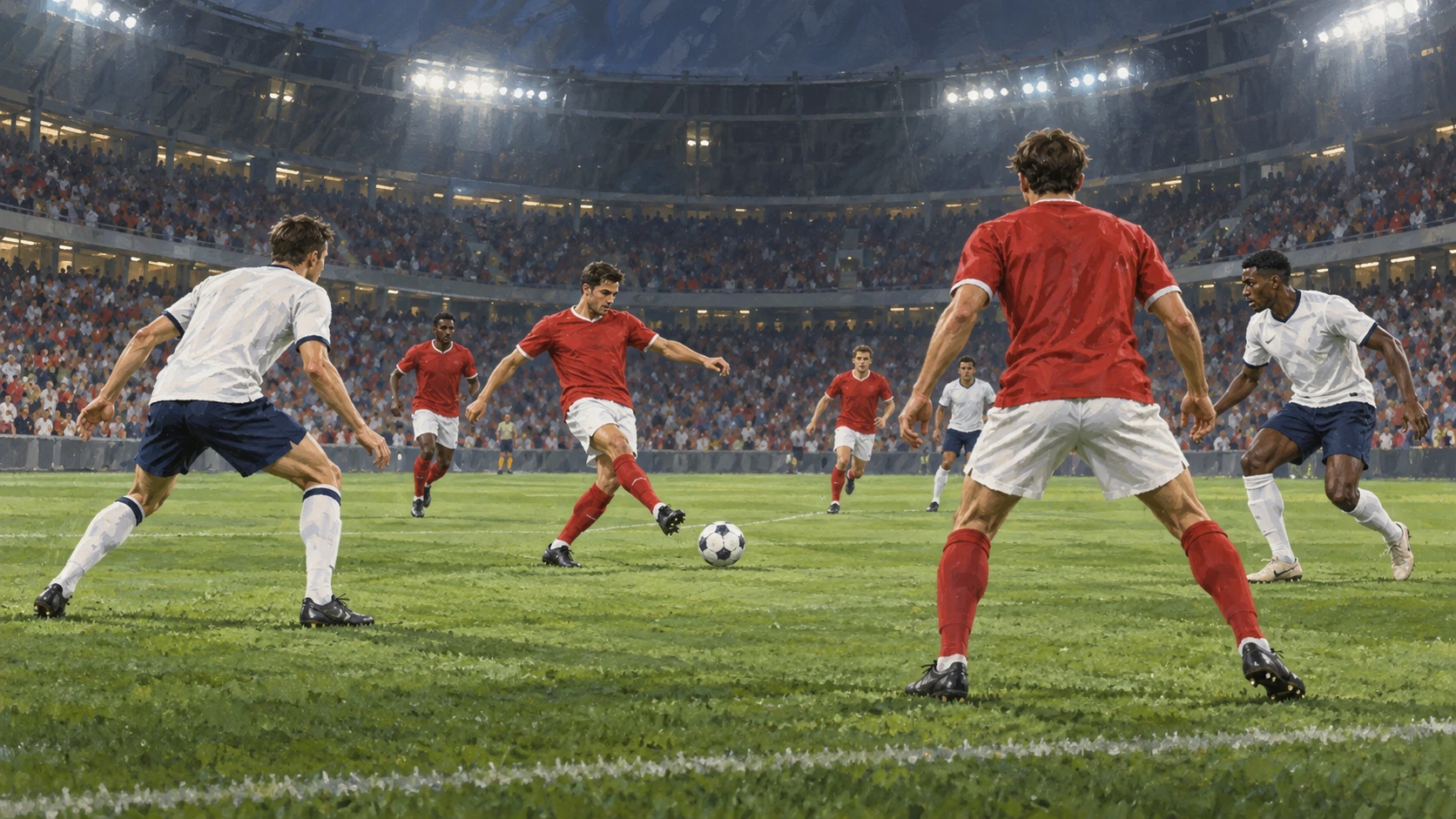 Editorial illustration of anonymous red-shirted footballers passing against white-shirted opponents