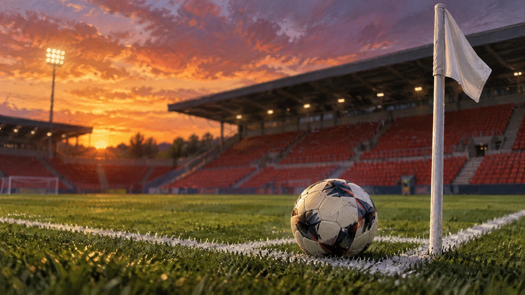 Editorial illustration of a football beside a white corner flag and red stadium seats at dusk