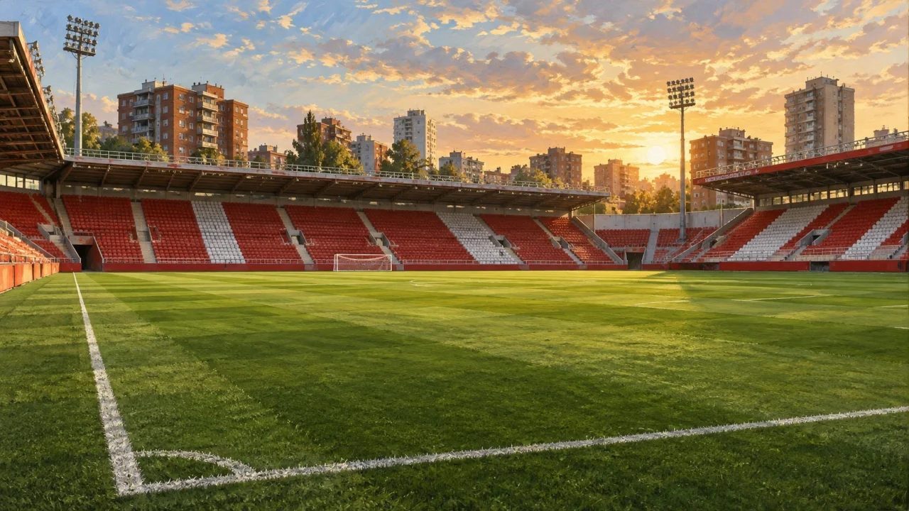 Editorial illustration of an empty urban football stadium with red-and-white seats and nearby apartments