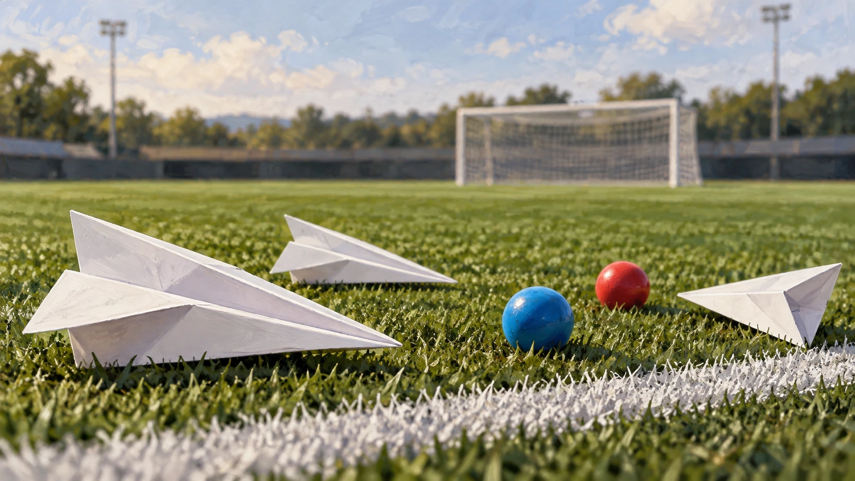 Editorial illustration of folded paper planes and small plastic balls beside a pitch line