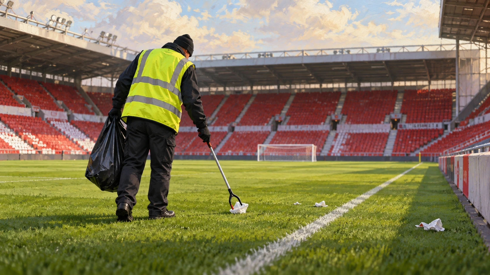 Editorial illustration of an anonymous steward collecting paper from a pitch beside empty red-and-white stands