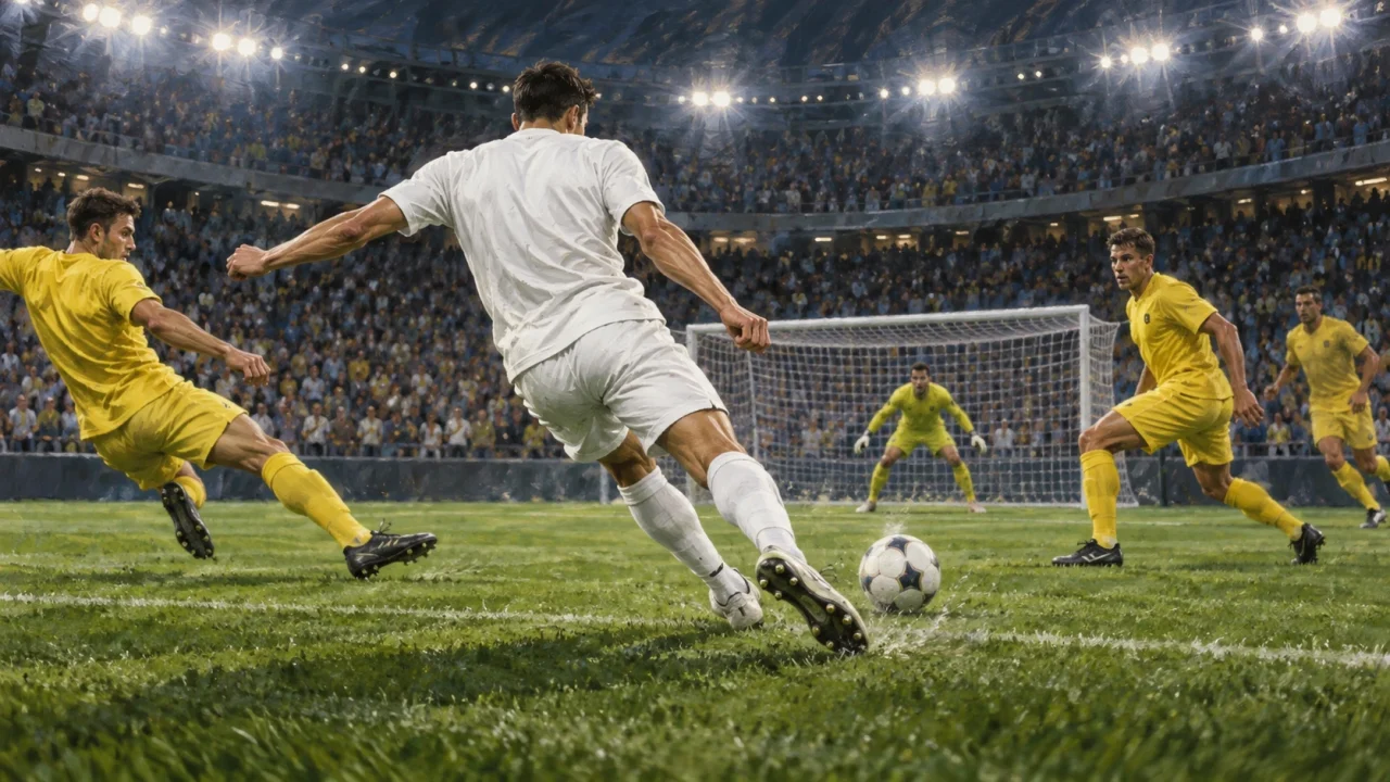 Editorial illustration of an anonymous white-shirted footballer shooting against yellow-shirted defenders