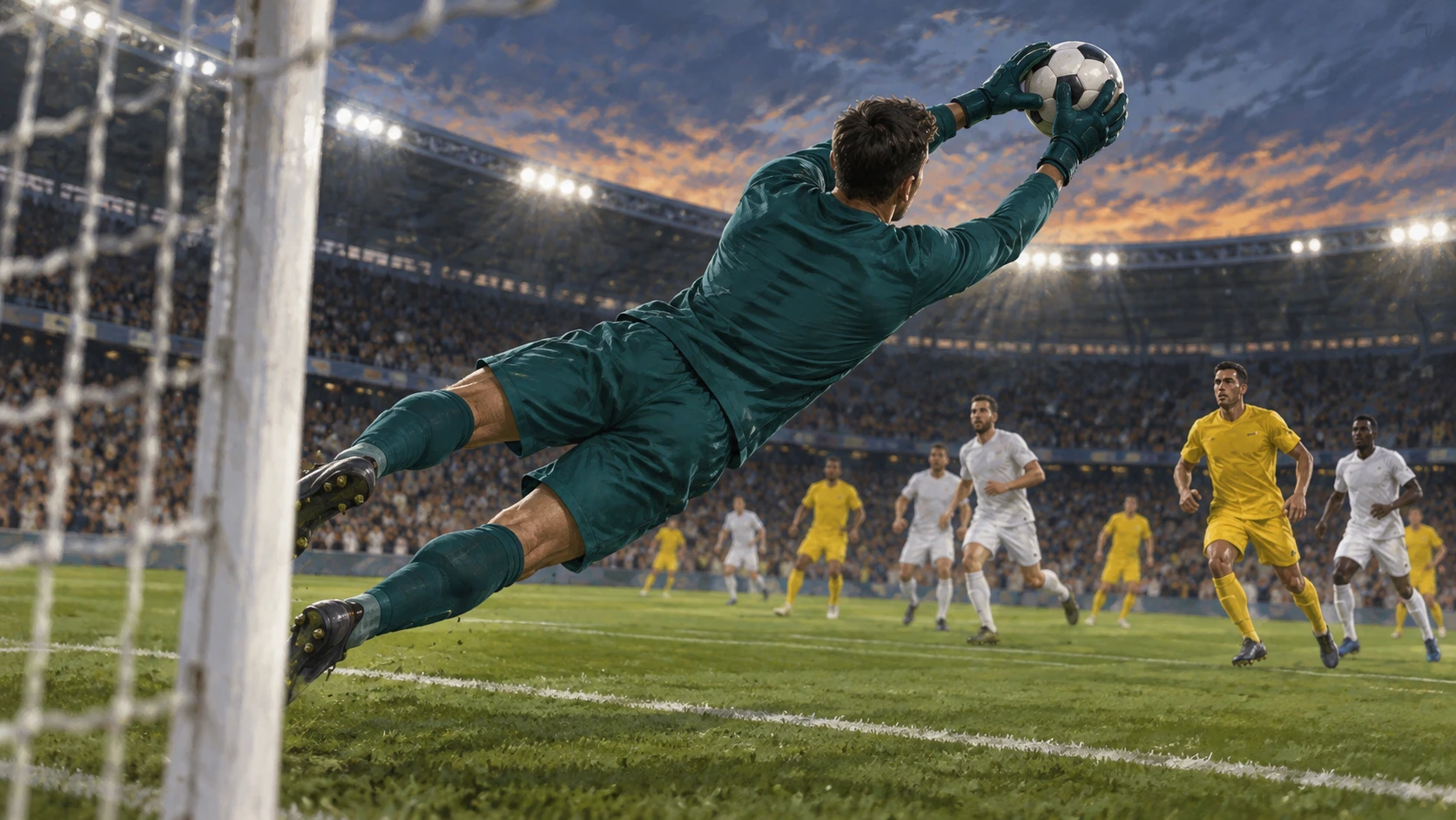 Editorial illustration of an anonymous goalkeeper making a save with yellow-shirted attackers nearby