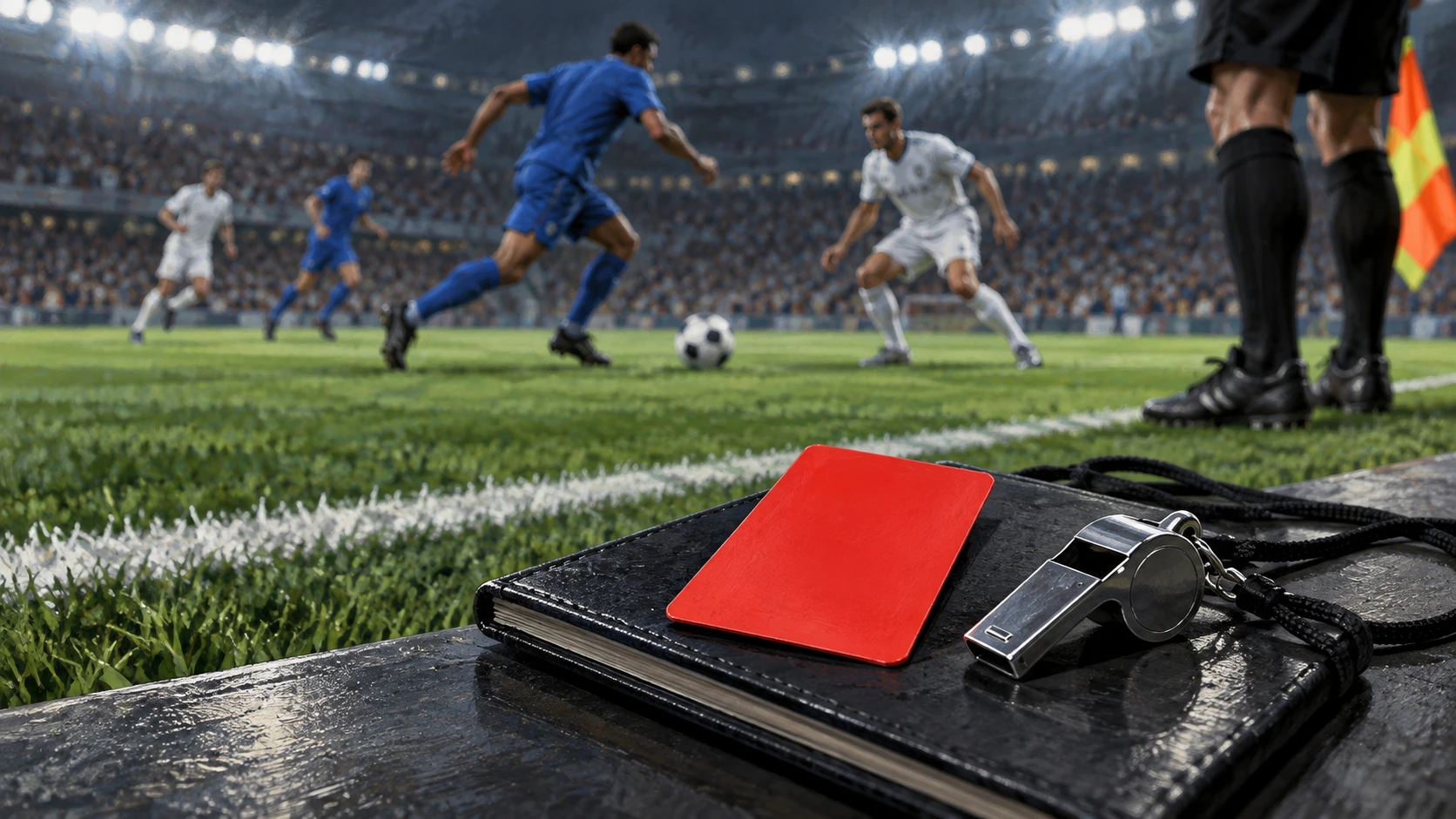 Editorial illustration of a red referee card and whistle on a notebook beside a touchline