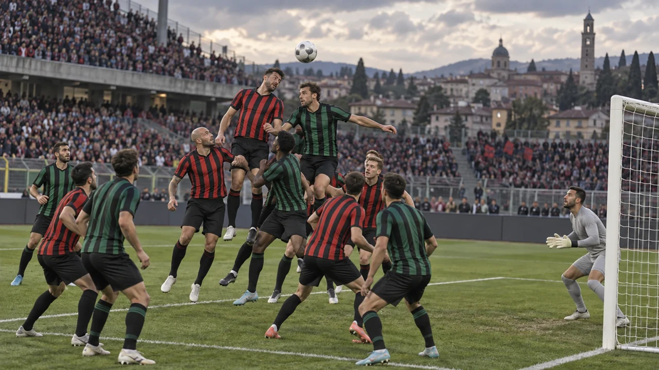 Editorial illustration of anonymous footballers in red-and-black and green-and-black kits contesting a corner