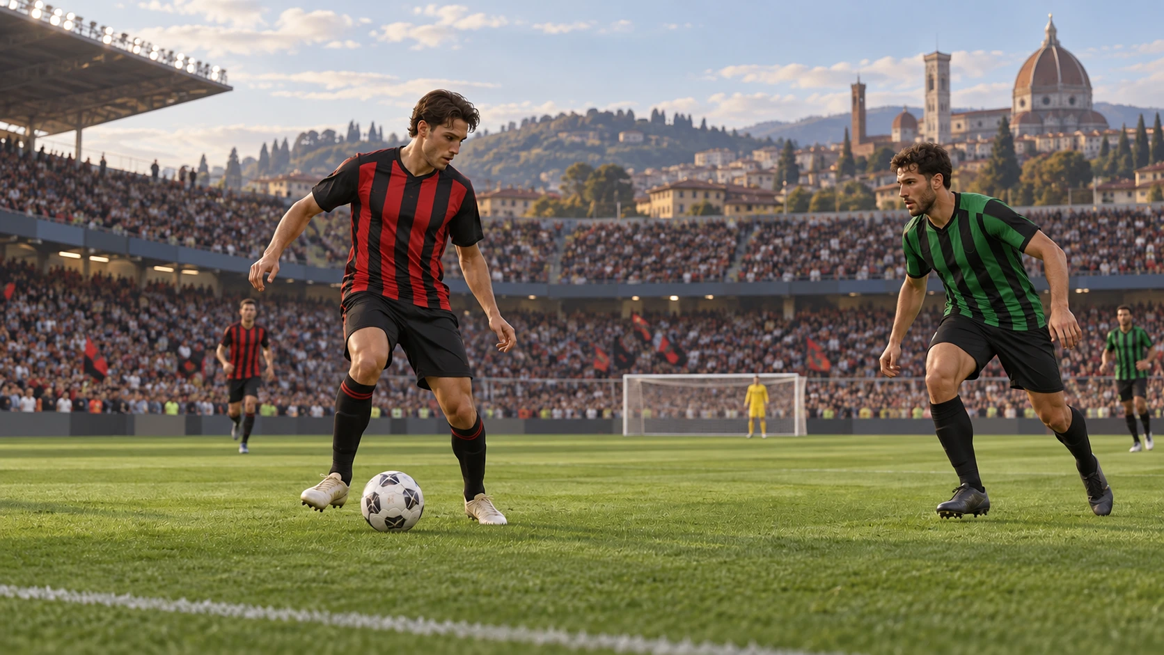 Editorial illustration of an anonymous red-and-black-shirted midfielder controlling a ball near an opponent