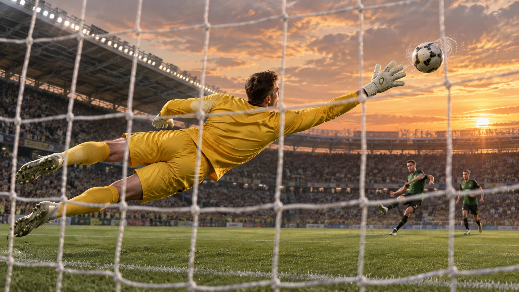 Editorial illustration of an anonymous goalkeeper diving to save a curling football