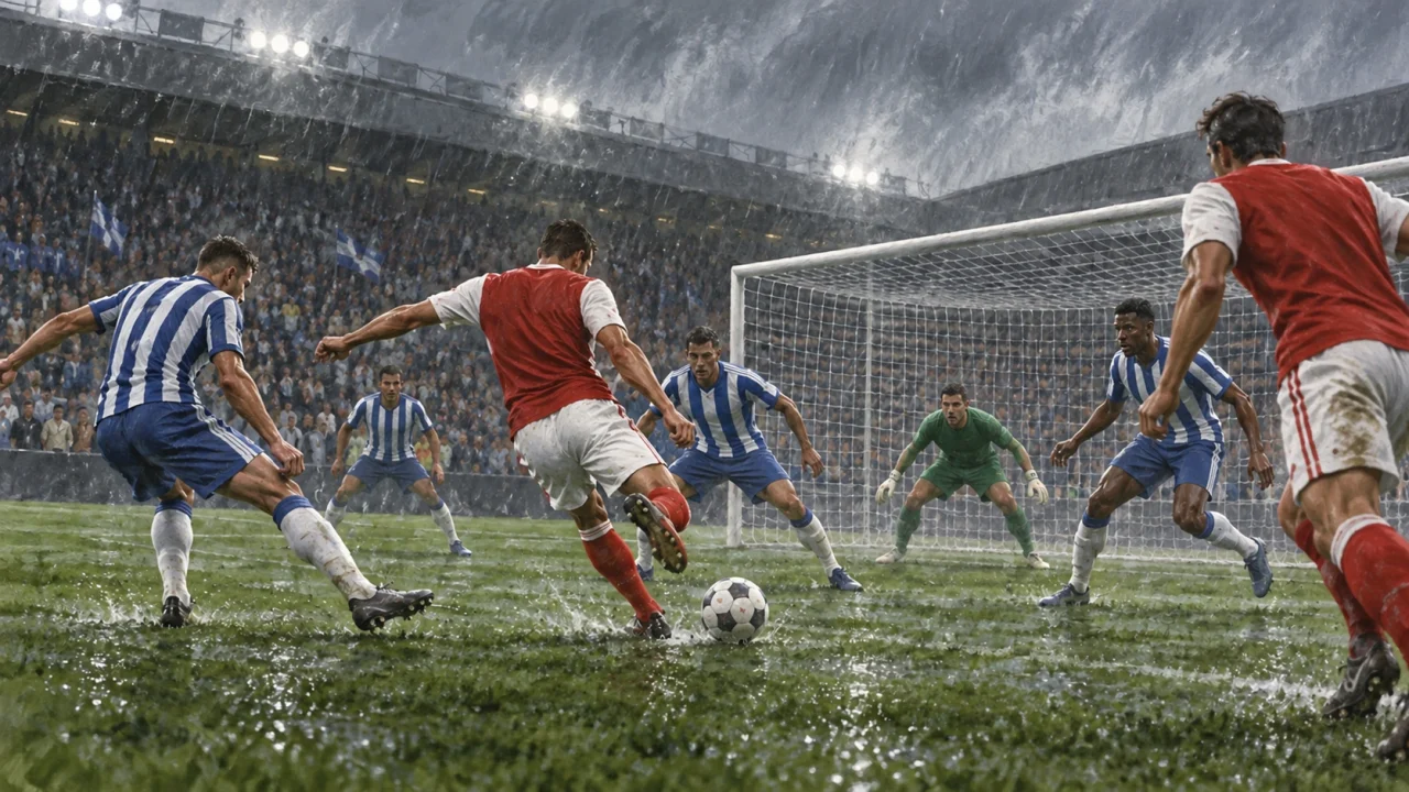 Editorial illustration of anonymous blue-and-white and red-and-white footballers on a wet pitch