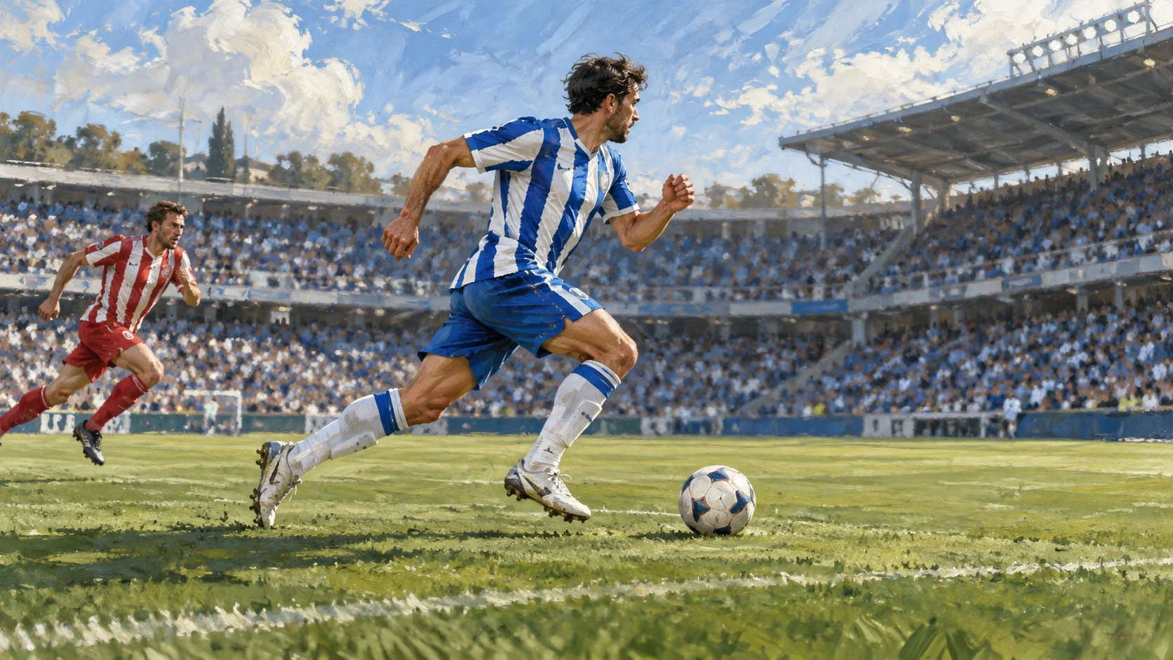 Editorial illustration of an anonymous blue-and-white footballer carrying the ball on a counterattack