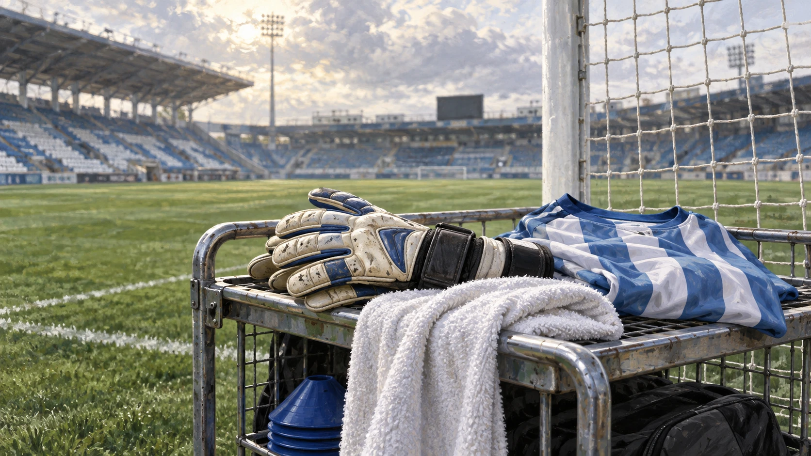 Editorial illustration of goalkeeper gloves, a white towel and blue-and-white jersey beside a goal
