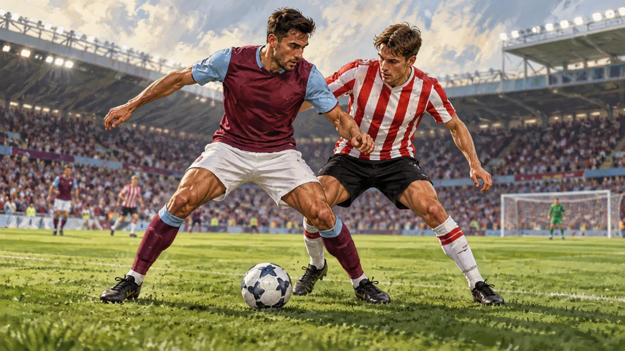 Editorial illustration of anonymous claret-and-blue and red-and-white footballers contesting a ball