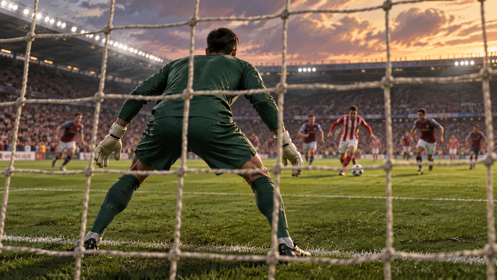 Editorial illustration of an anonymous goalkeeper preparing to face approaching footballers