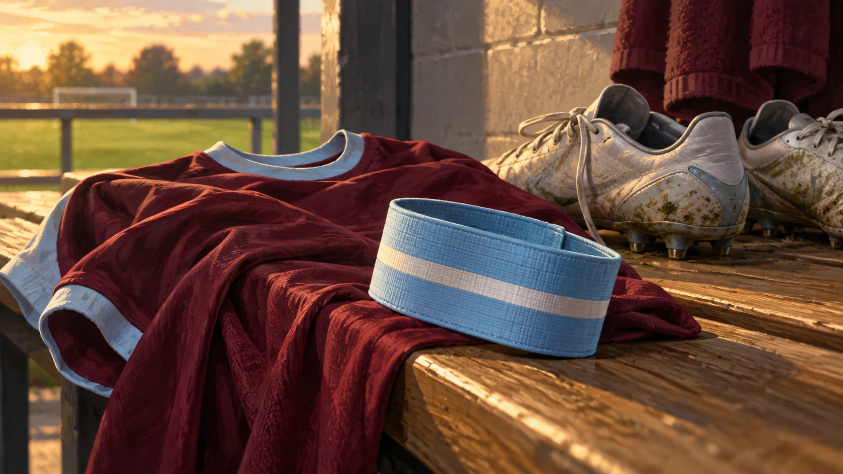 Editorial illustration of a claret football shirt, a sky-blue armband and boots on a bench
